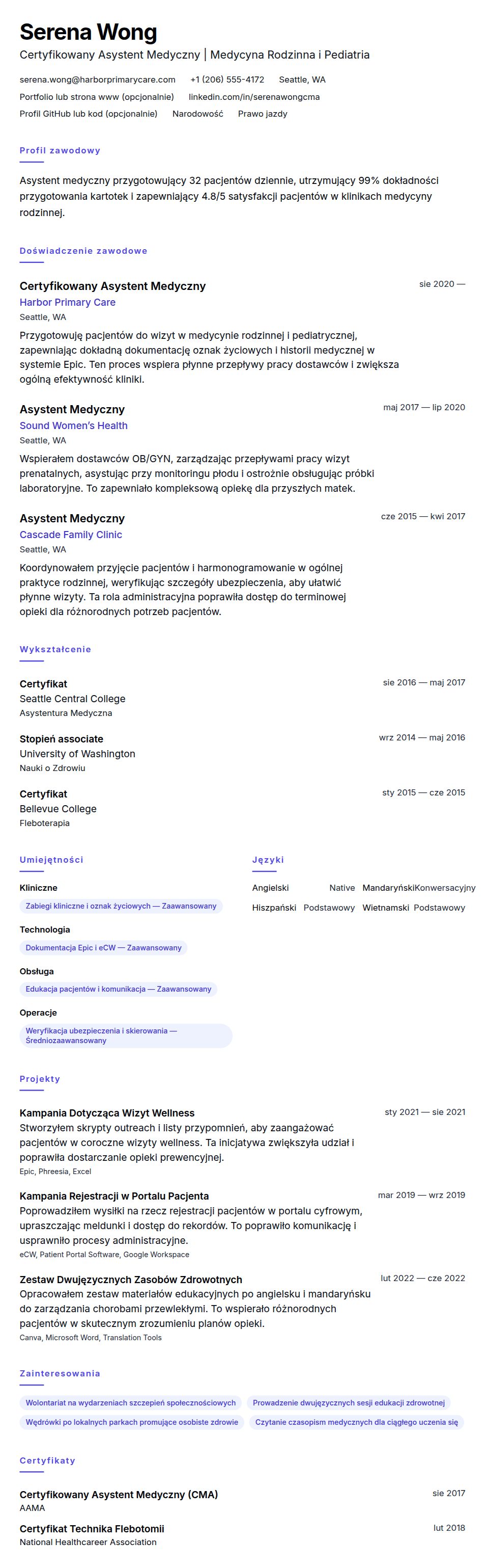 Podgląd CV Przykładowe CV Asystenta Medycznego