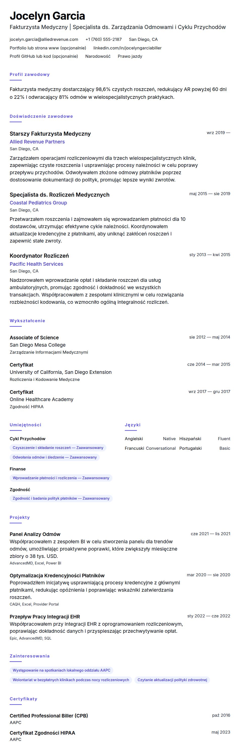 Podgląd CV Przykładowe CV Fakturzysty Medycznego
