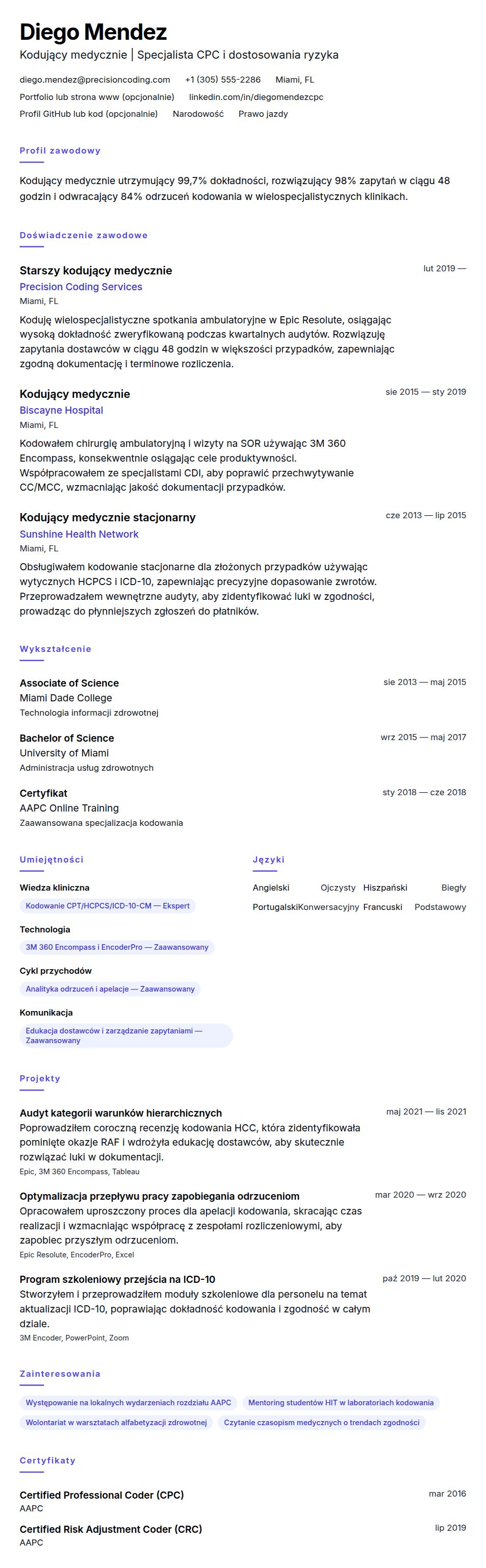 Podgląd CV Przykład CV kodującego medycznie