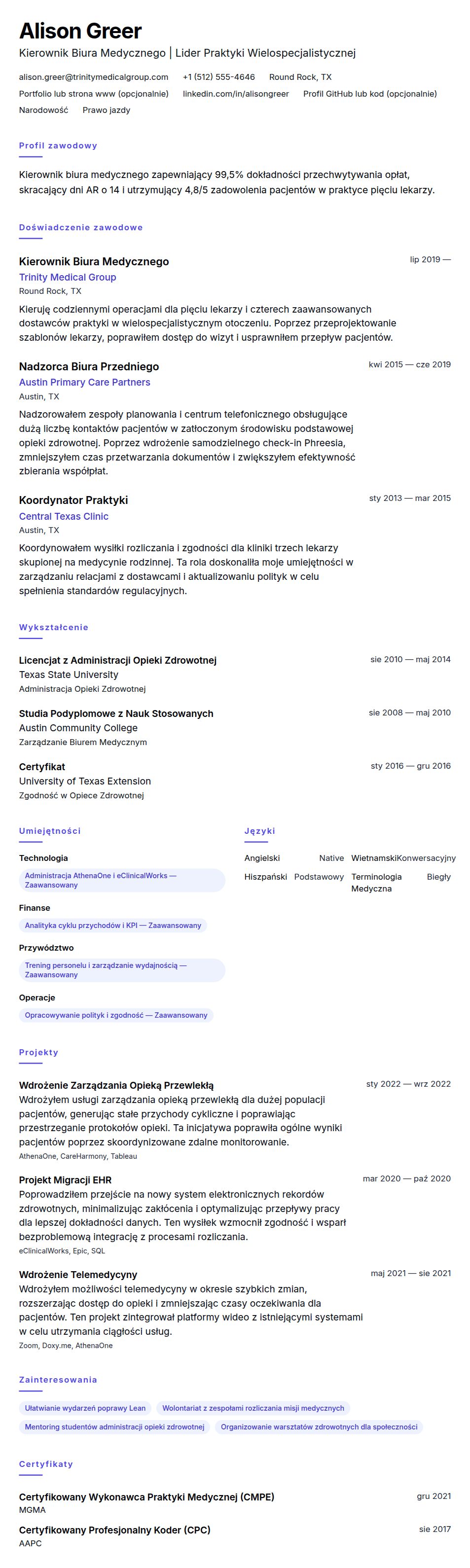 Podgląd CV Przykładowe CV Kierownika Biura Medycznego