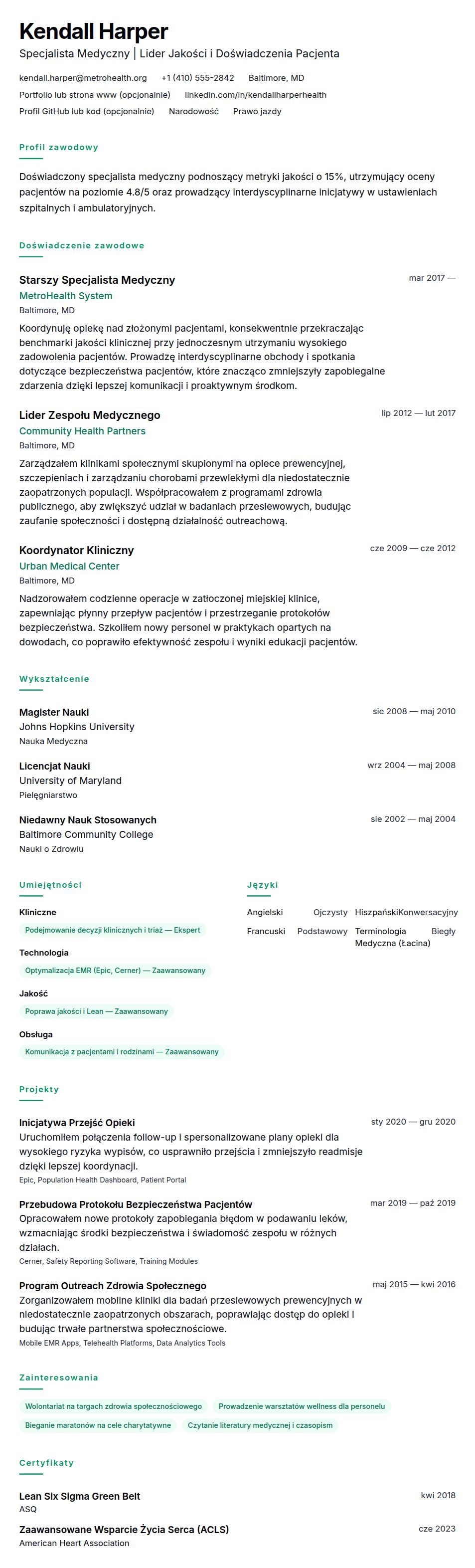 Przykładowe CV Specjalisty Medycznego