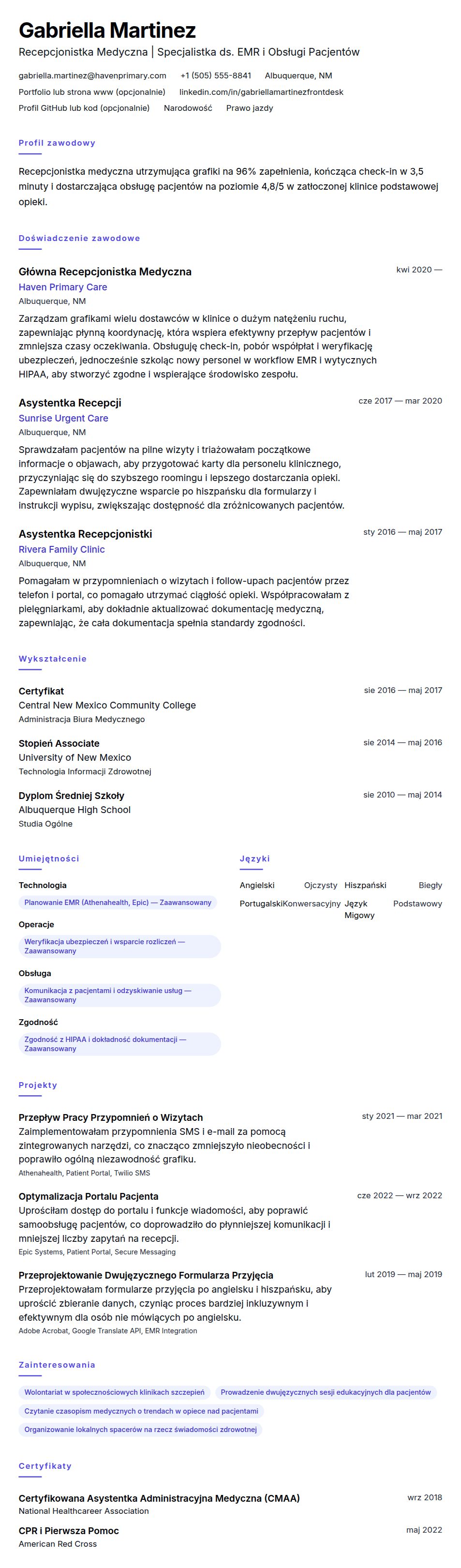 Podgląd CV Przykład CV Recepcjonistki Medycznej