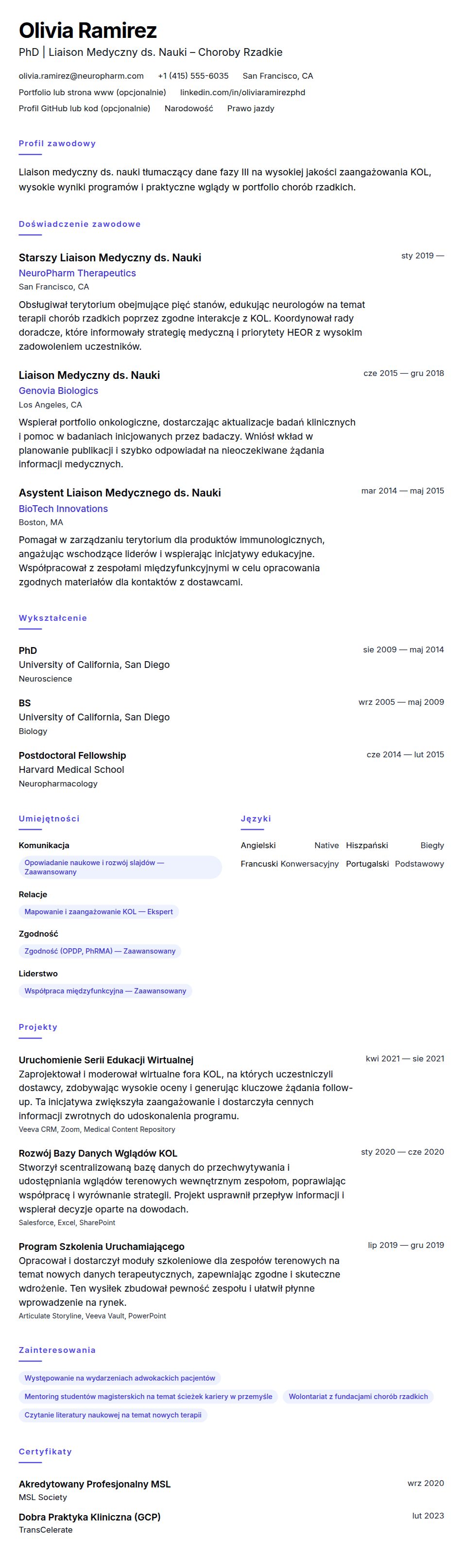 Podgląd CV Przykładowe CV Liaison Medycznego ds. Nauki