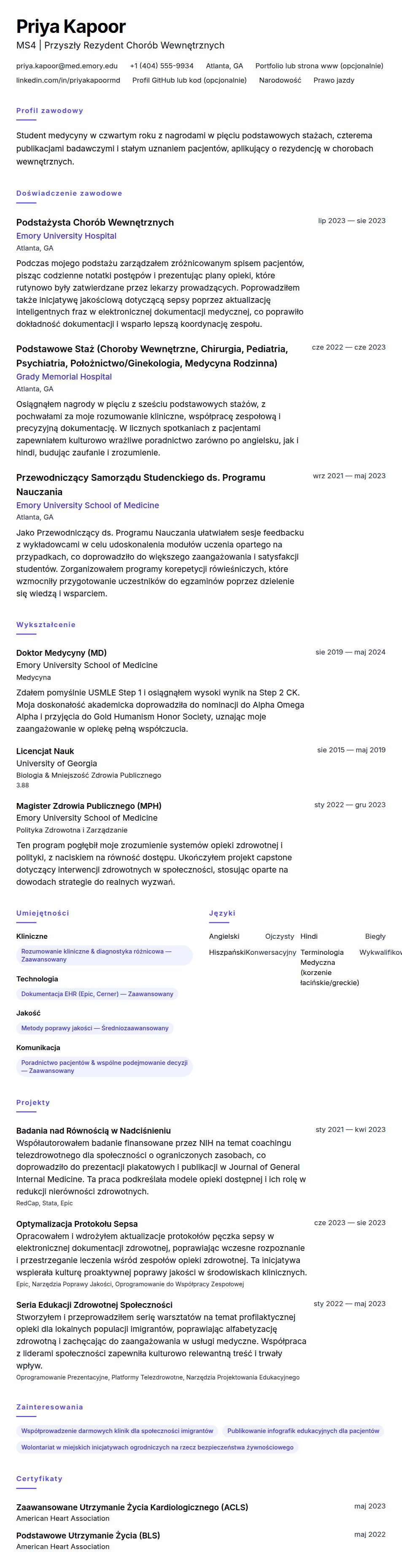 Podgląd CV Przykład CV Studenta Medycyny