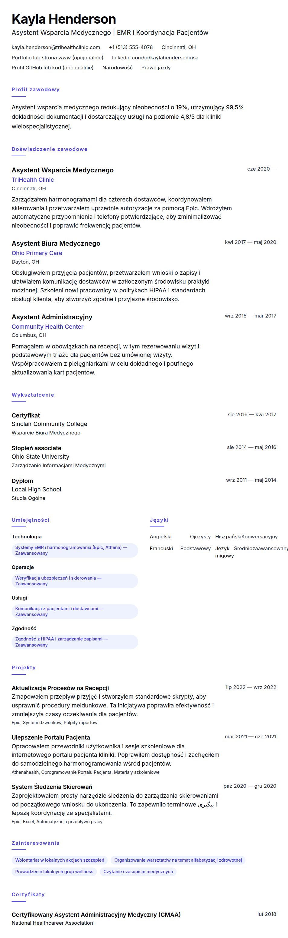 Podgląd CV Przykładowe CV Asystenta Wsparcia Medycznego