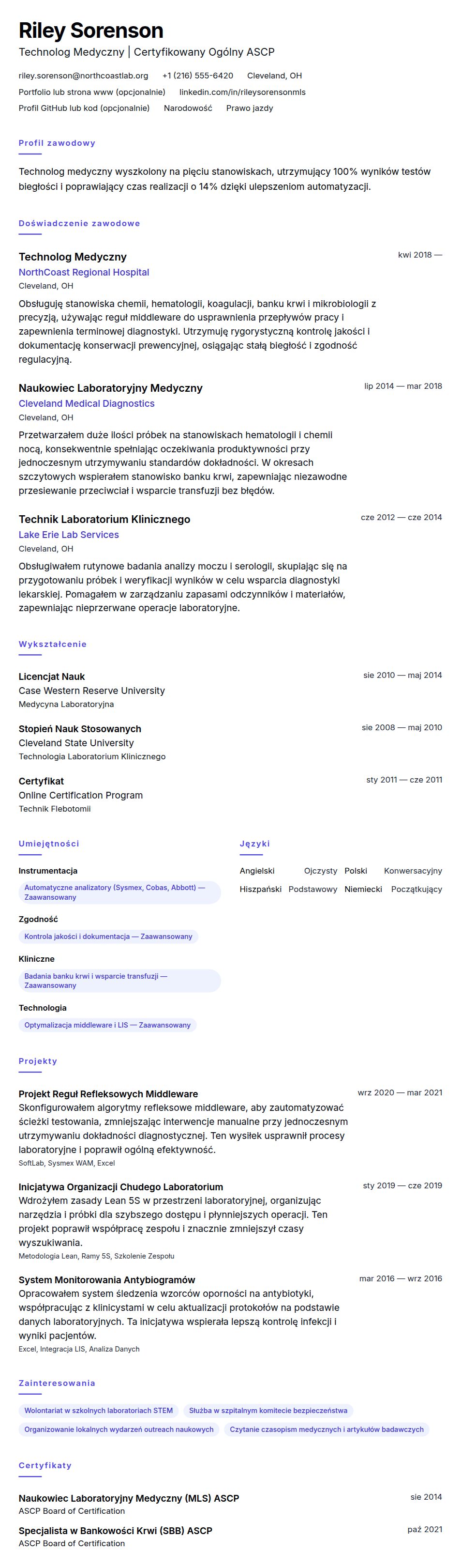 Podgląd CV Przykładowe CV Technologa Medycznego