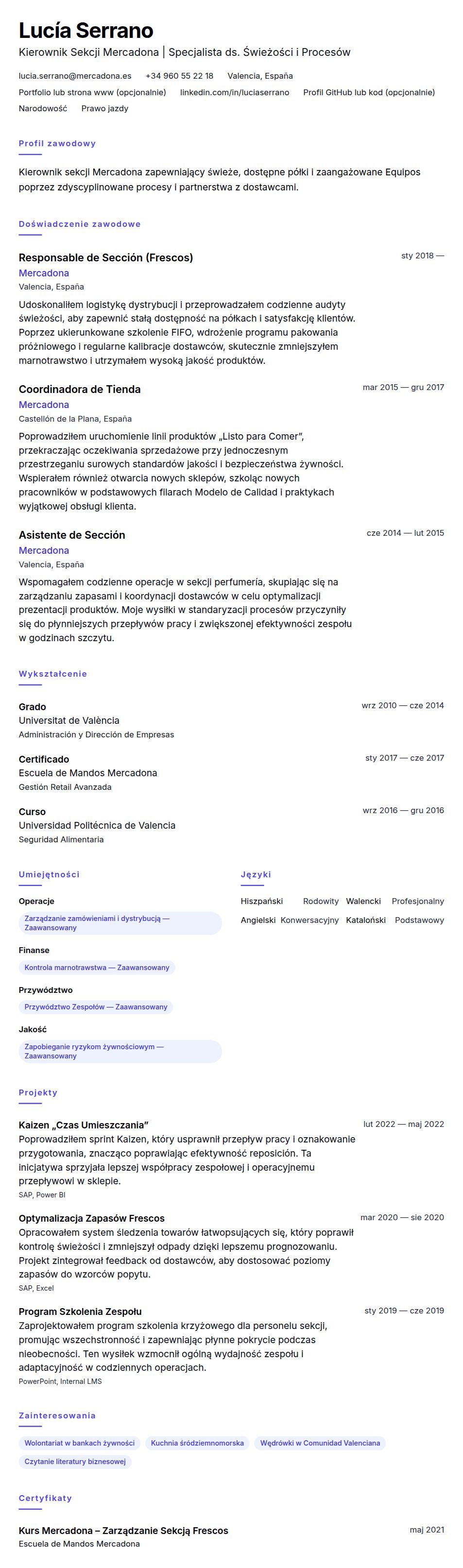Podgląd CV Przykładowe CV Kierownika Sekcji Mercadona