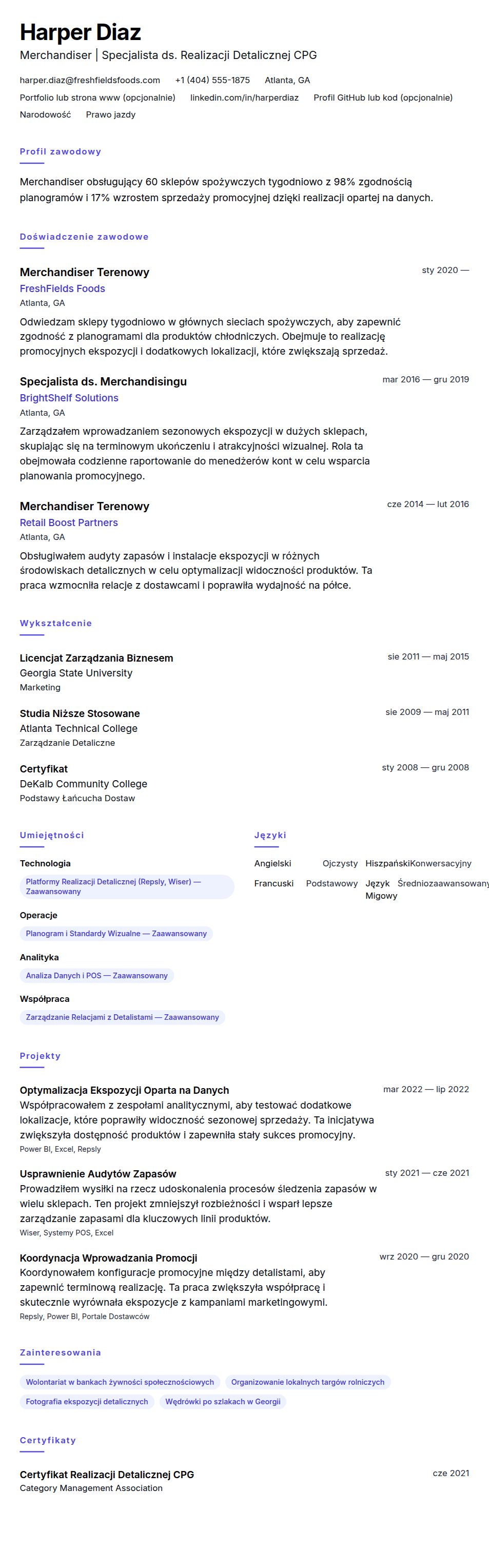 Podgląd CV Przykład CV Merchandisera