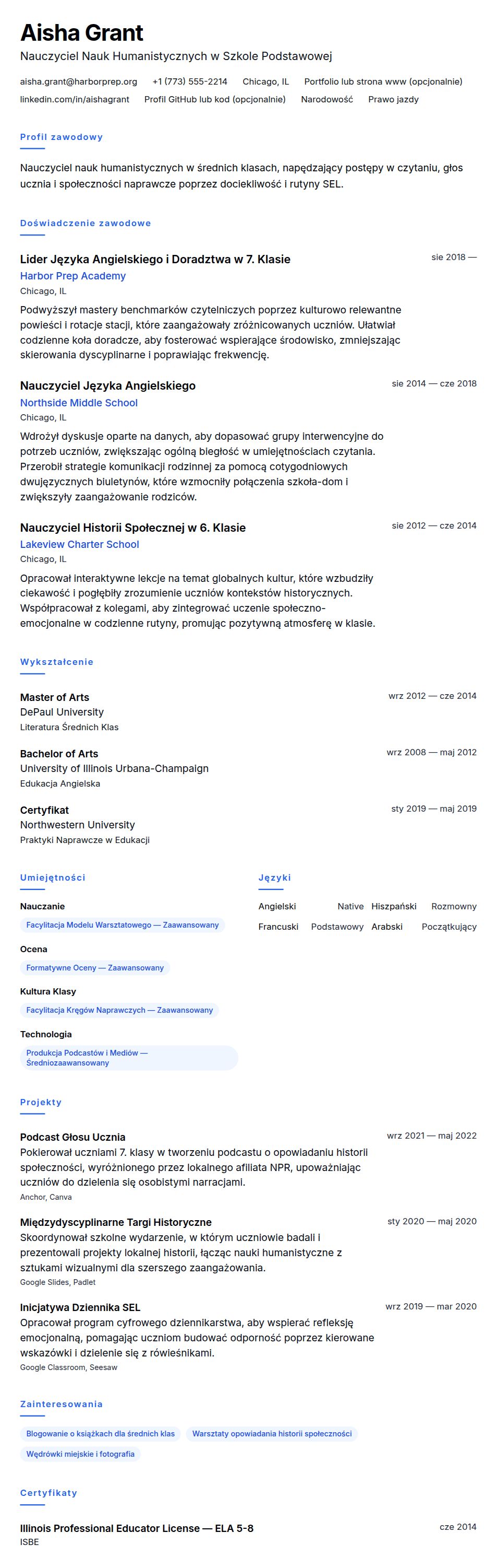 Podgląd CV Przykładowe CV Nauczyciela Szkoły Podstawowej