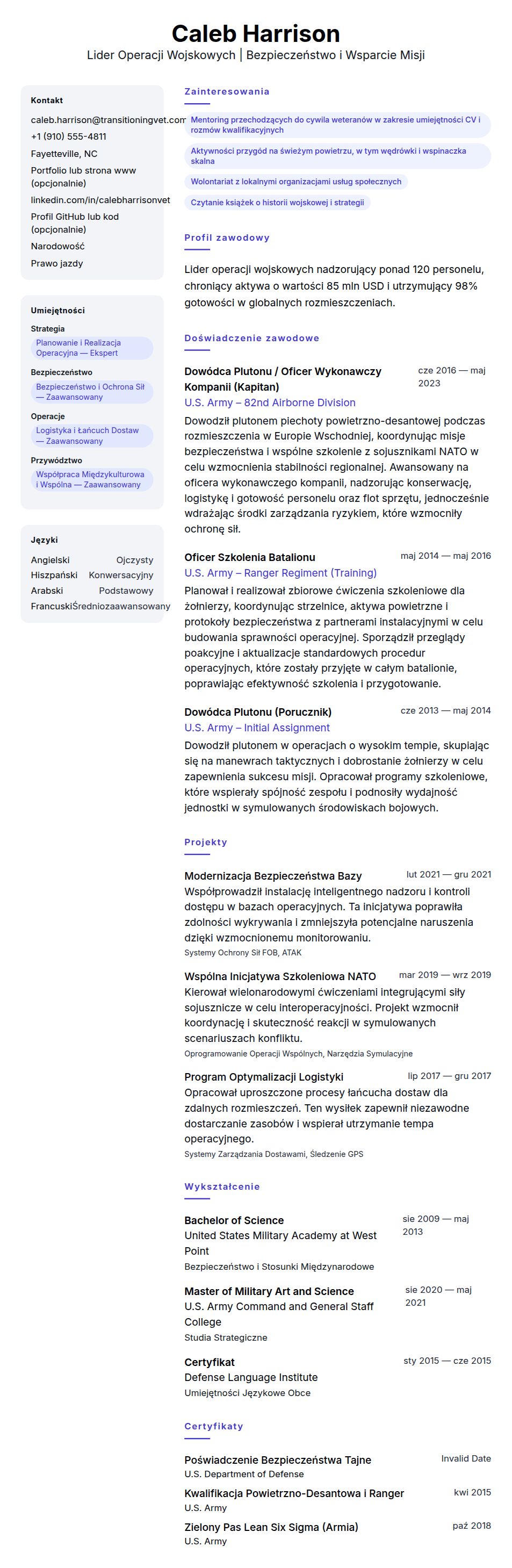 Podgląd CV Przykład CV Członka Służby Wojskowej