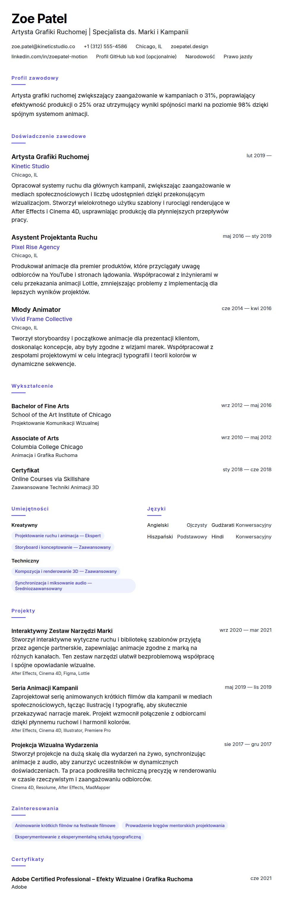 Podgląd CV Przykładowe CV Artysty Grafiki Ruchomej