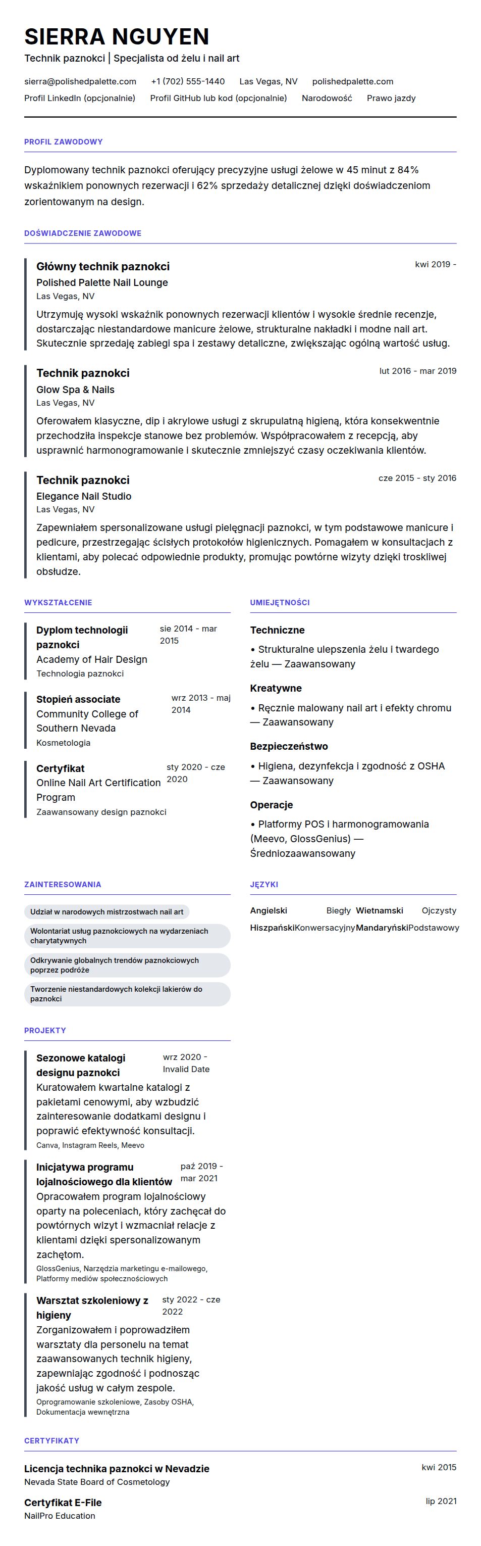 Podgląd CV Przykładowe CV technika paznokci