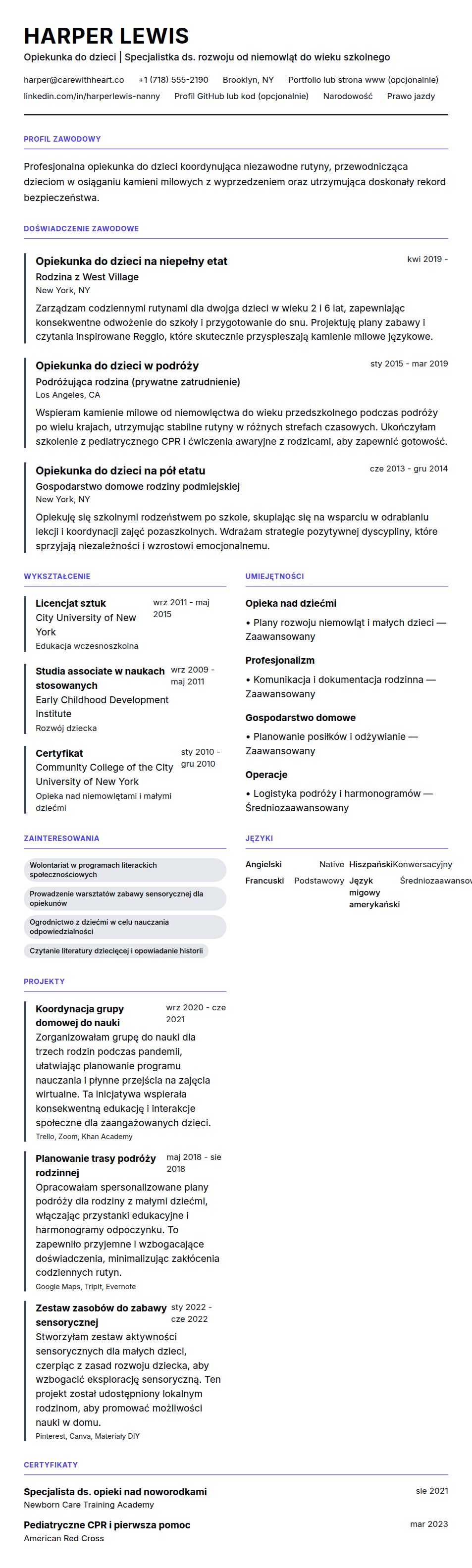 Podgląd CV Przykładowe CV opiekunki do dzieci