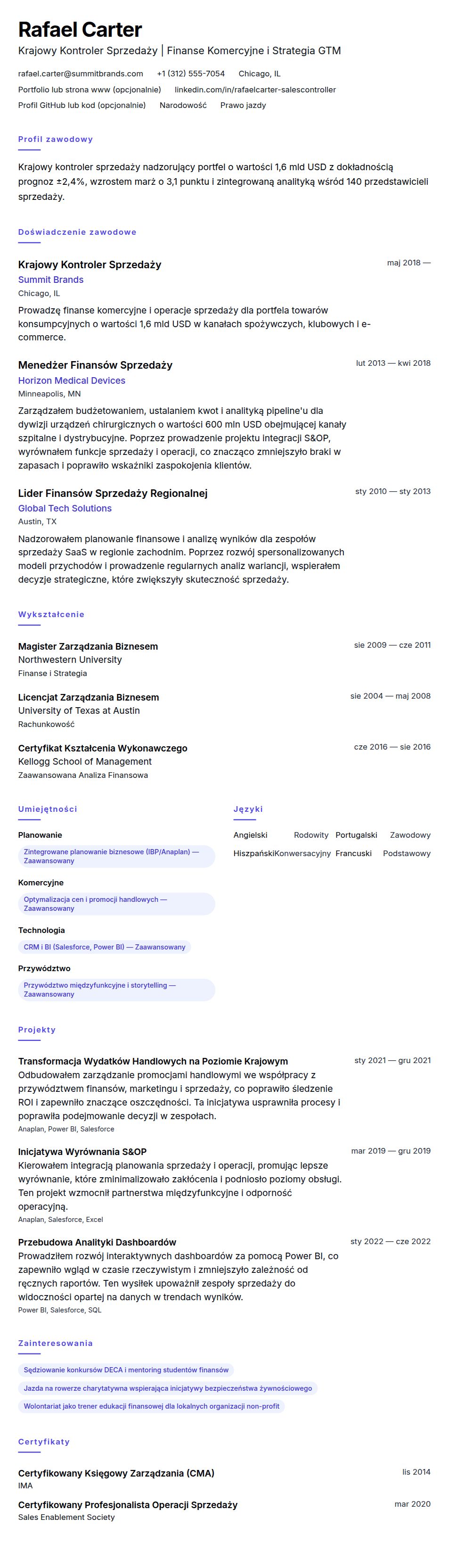 Podgląd CV Przykładowe CV Krajowego Kontrolera Sprzedaży
