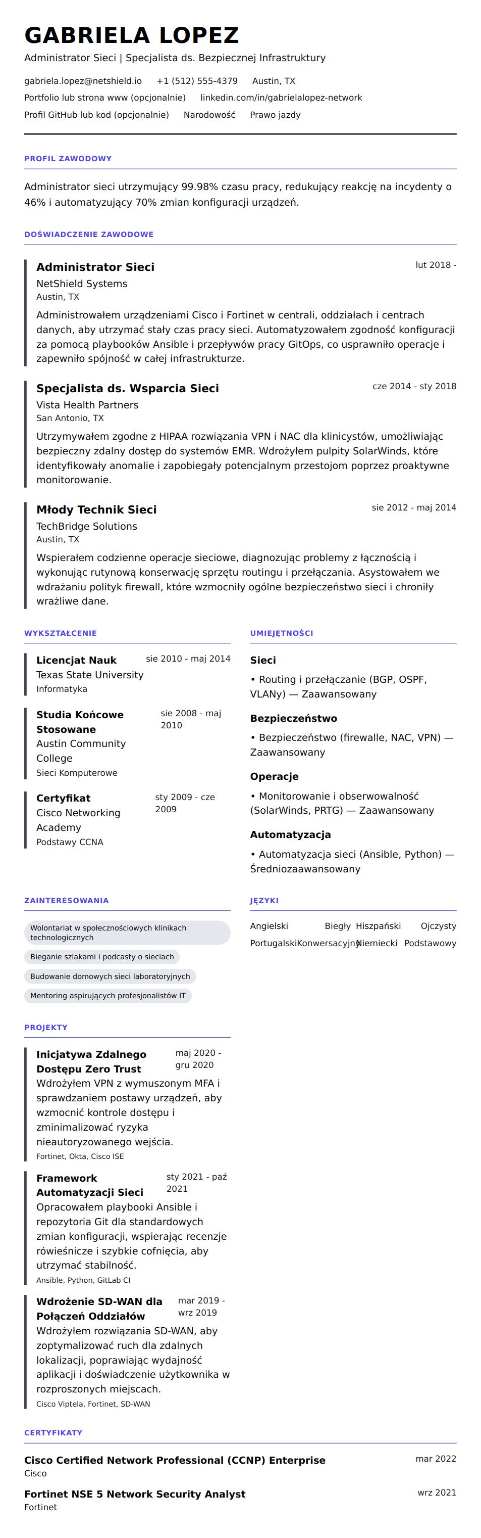 Podgląd CV Przykład CV Administratora Sieci