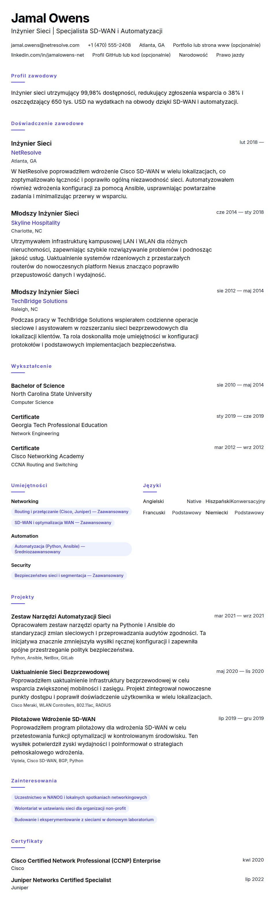 Podgląd CV Przykładowe CV Inżyniera Sieci