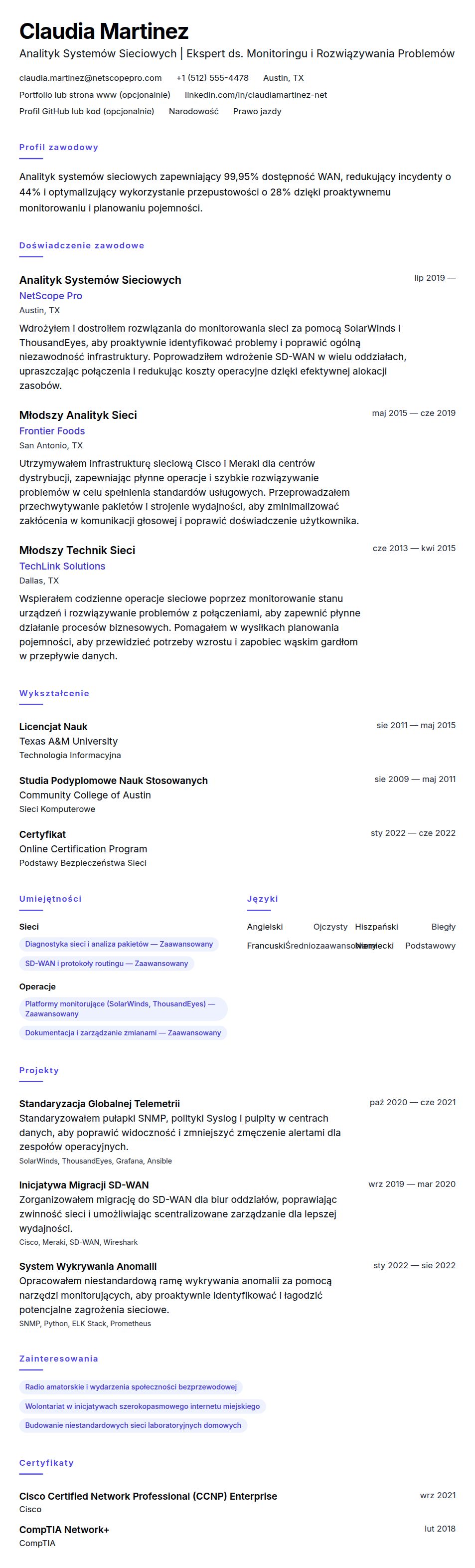 Podgląd CV Przykład CV Analityka Systemów Sieciowych