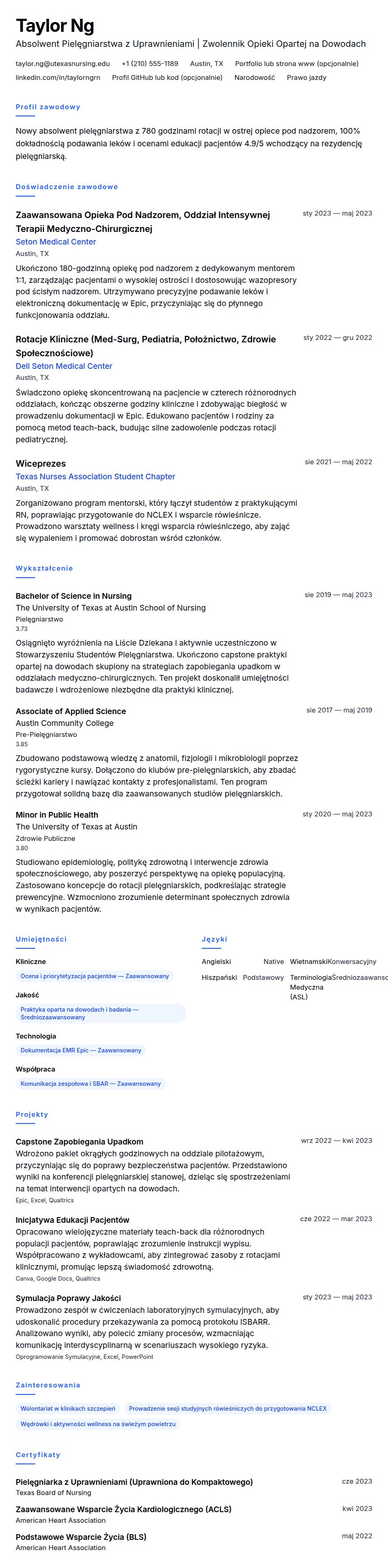 Podgląd CV Przykład CV dla Nowego Absolwenta Pielęgniarstwa