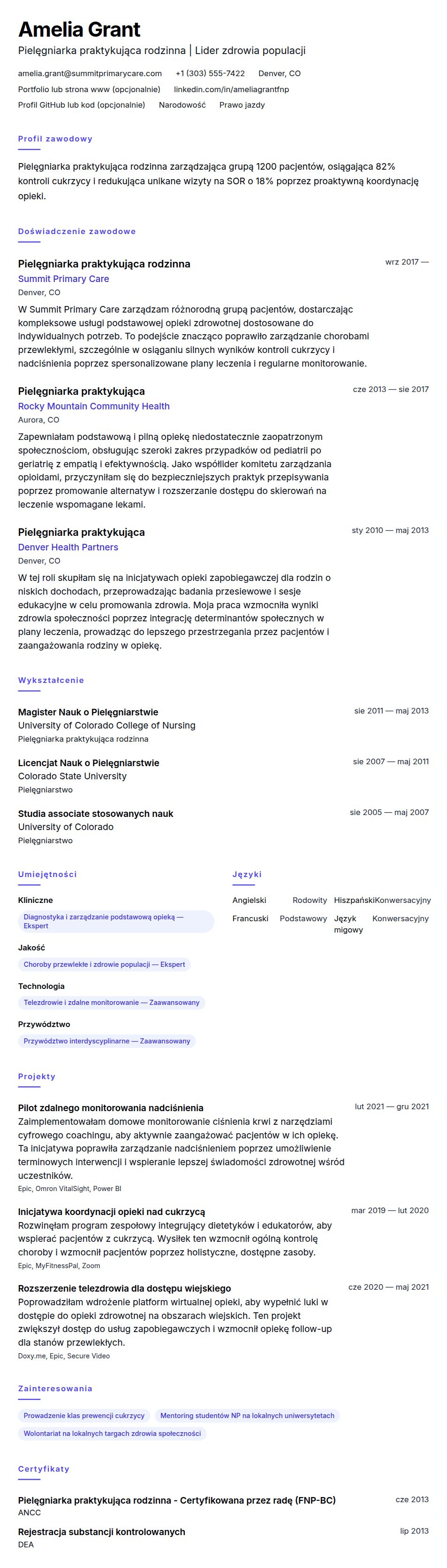Podgląd CV Przykładowe CV pielęgniarki praktykującej