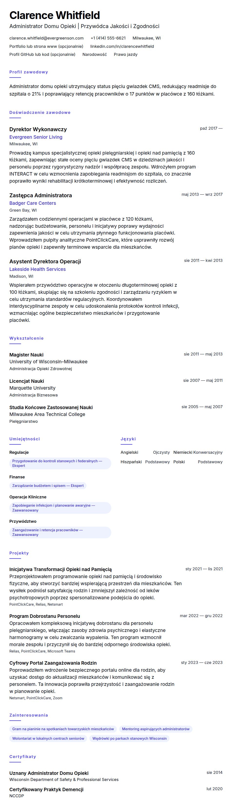 Podgląd CV Przykładowe CV Administratora Domu Opieki