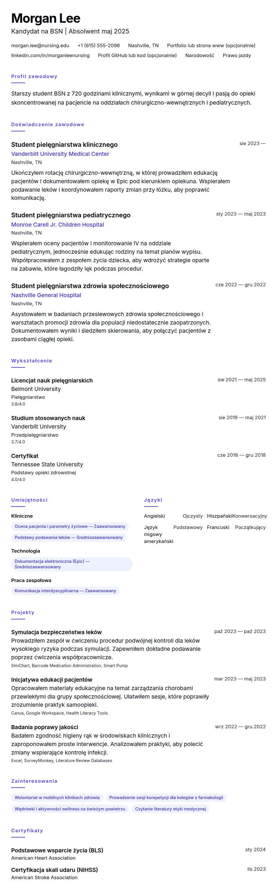 Podgląd CV Przykładowe CV studenta pielęgniarstwa