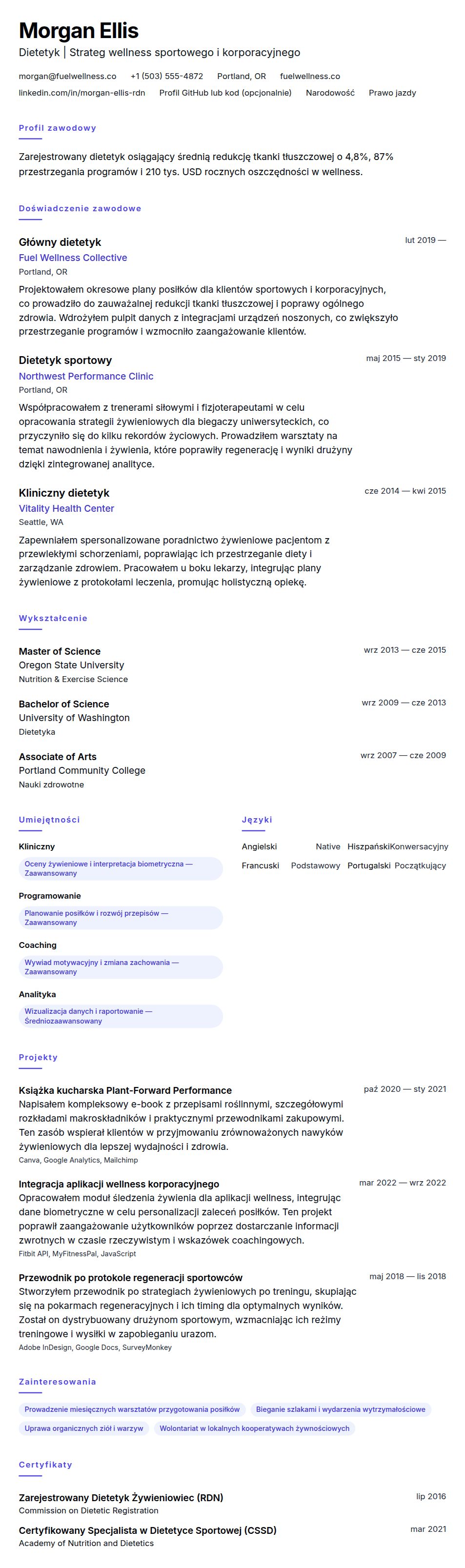 Podgląd CV Przykładowe CV dietetyka