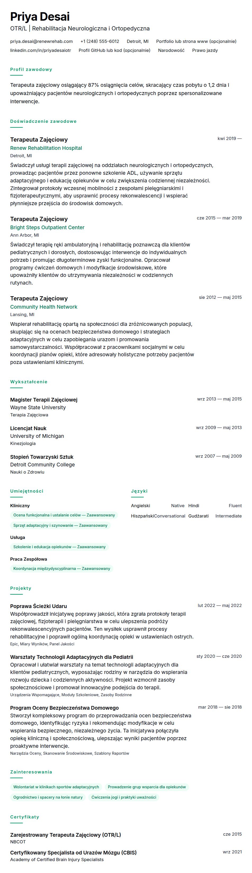 Przykładowe CV Terapeuty Zajęciowego