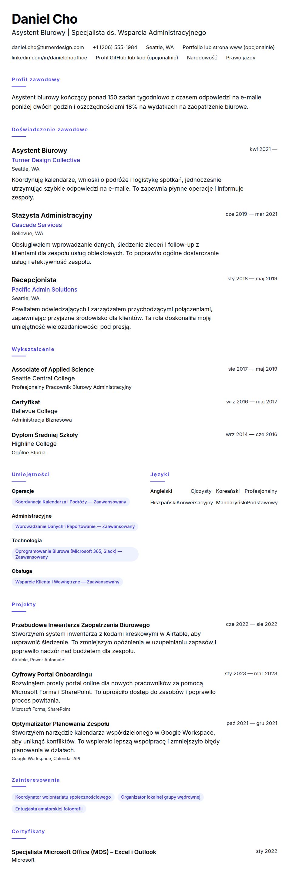 Przykład CV Asystenta Biurowego