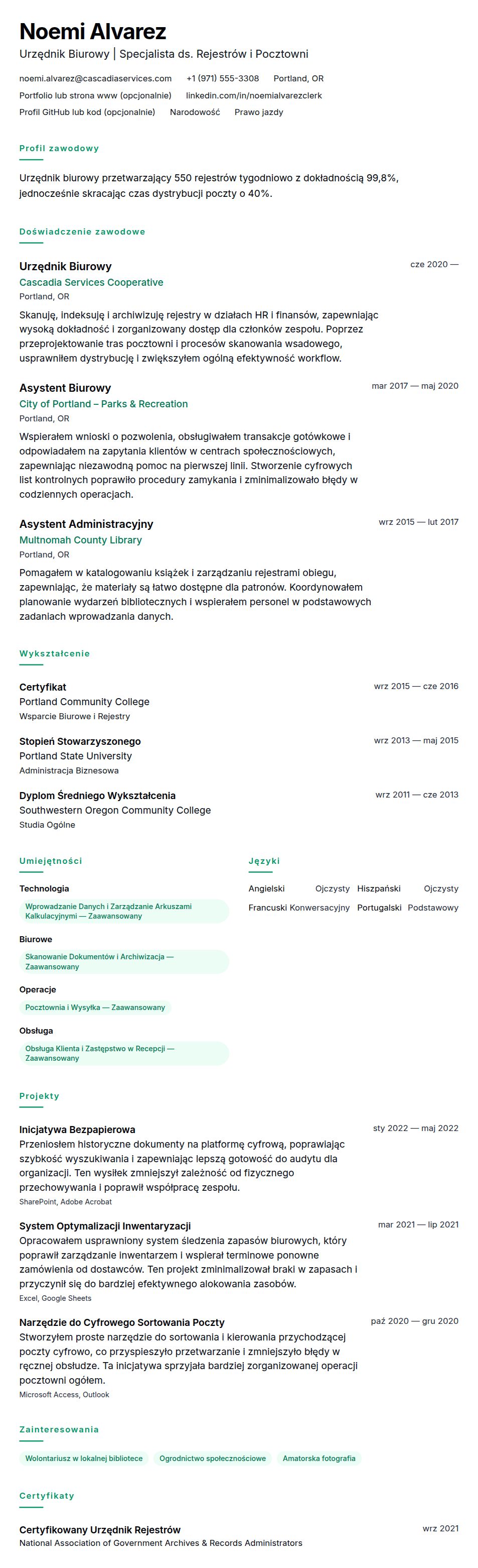 Przykładowe CV Urzędnika Biurowego