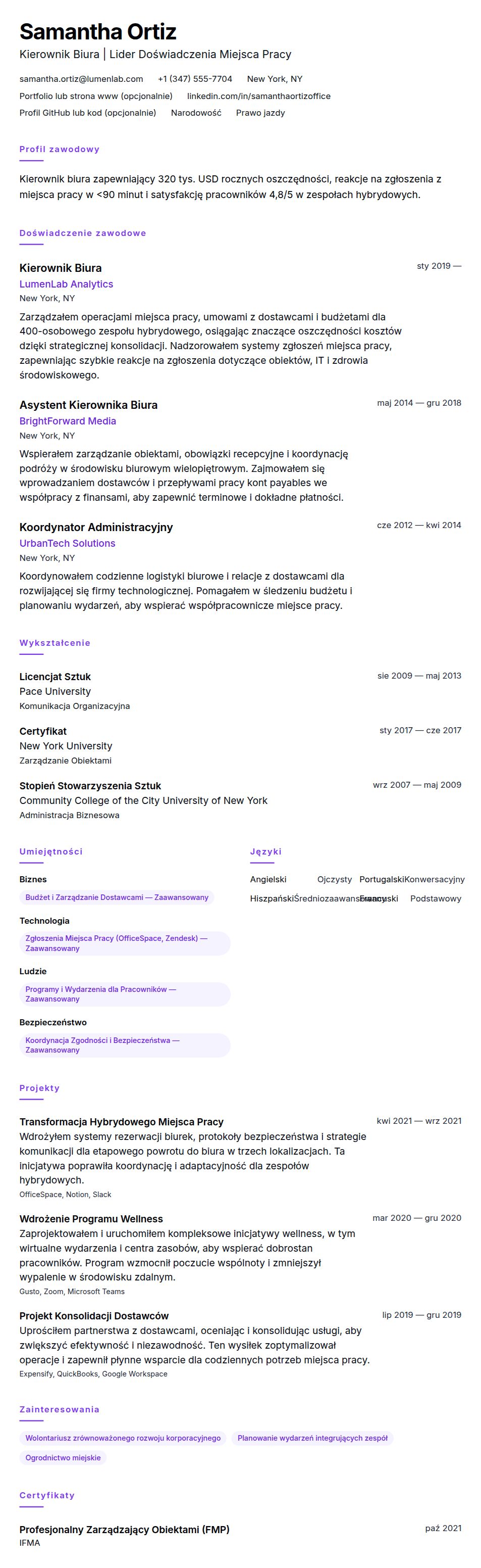 Podgląd CV Przykładowe CV Kierownika Biura