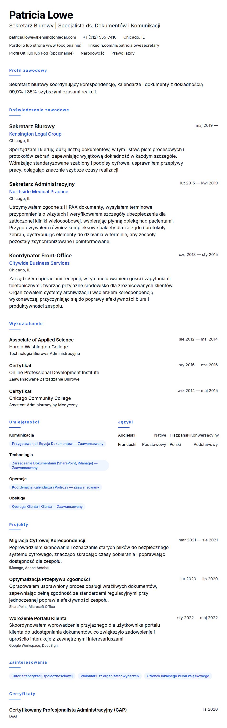 Podgląd CV Przykładowe CV Sekretarza Biurowego