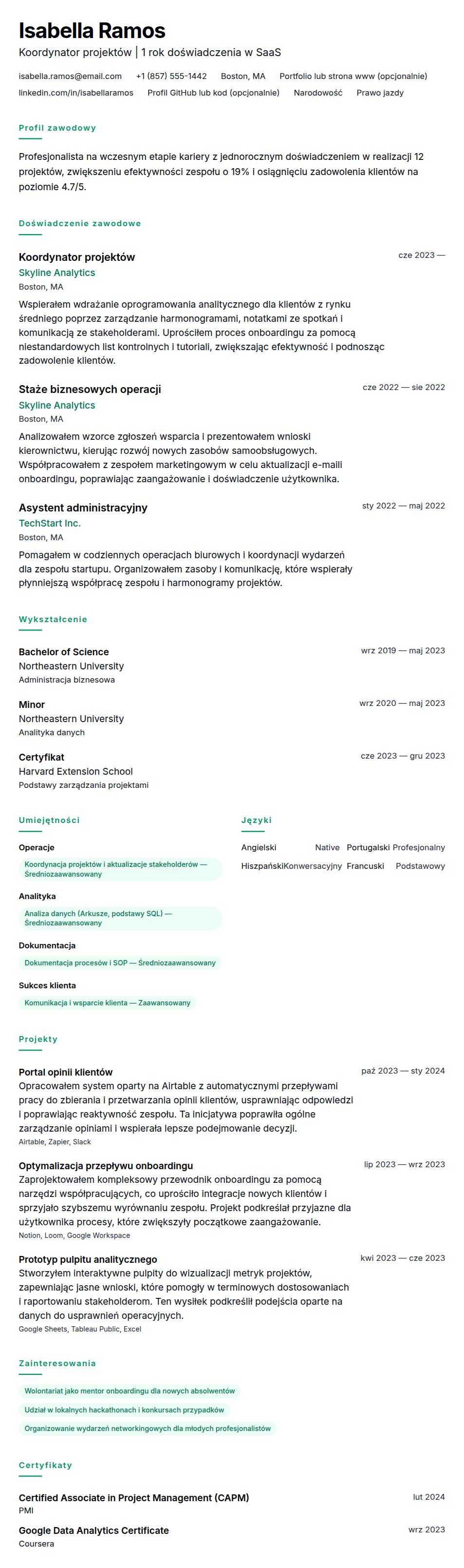 Przykład CV z jednorocznym doświadczeniem