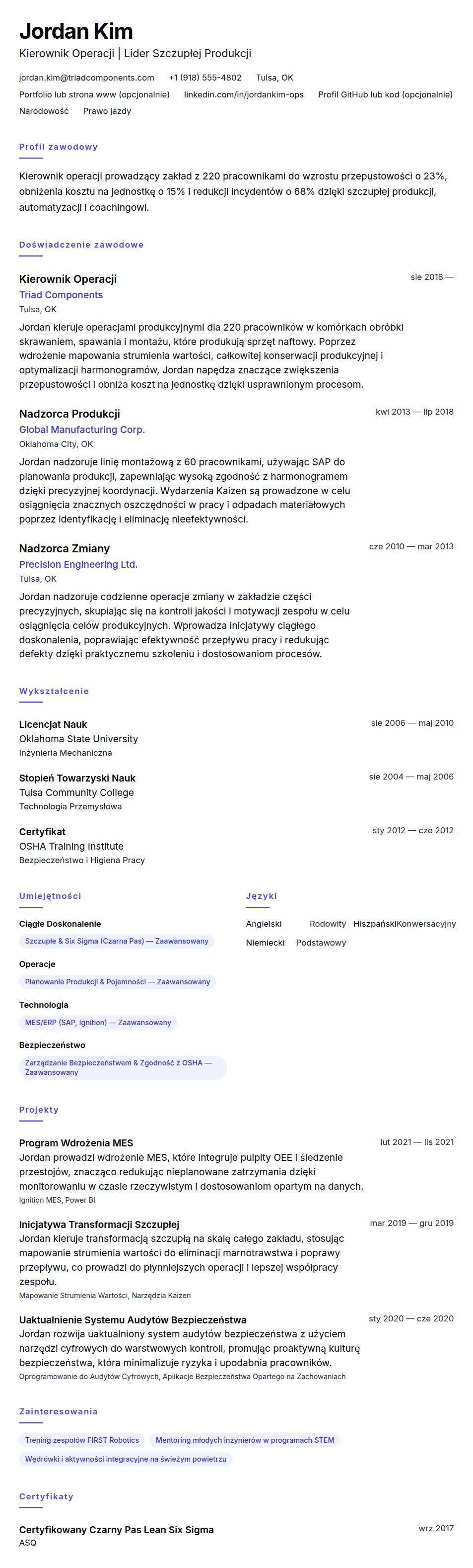 Podgląd CV Przykładowe CV Kierownika Operacji