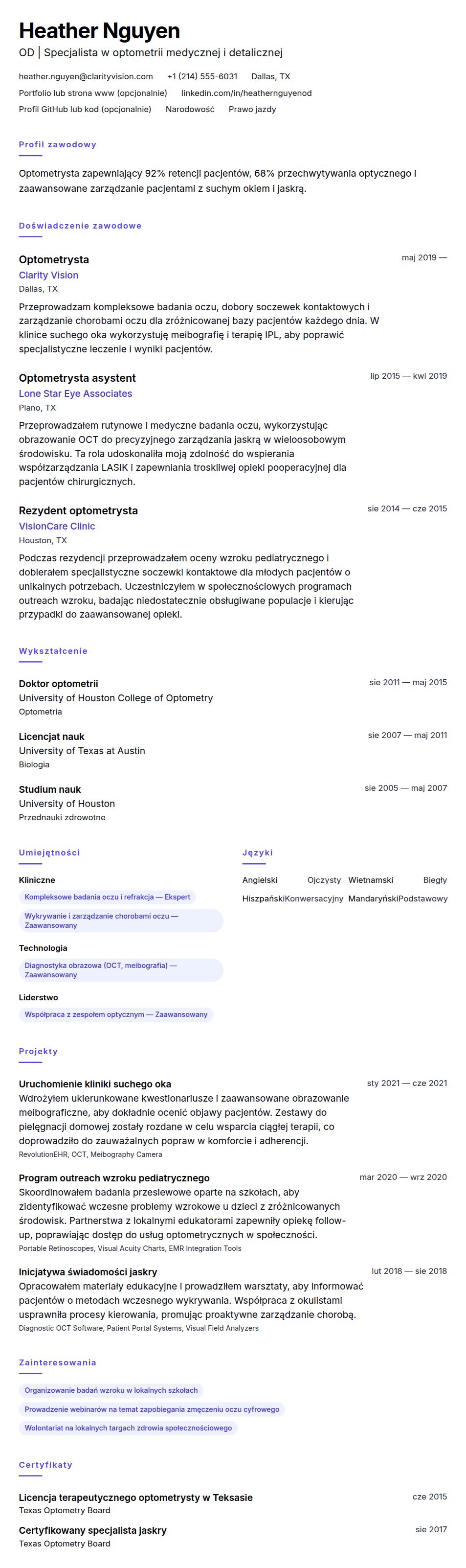 Podgląd CV Przykładowe CV optometrysty