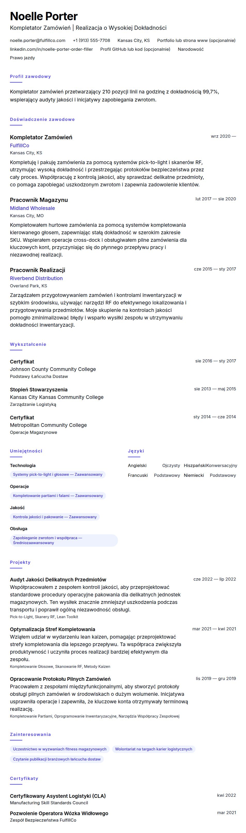 Podgląd CV Przykład CV Kompletatora Zamówień