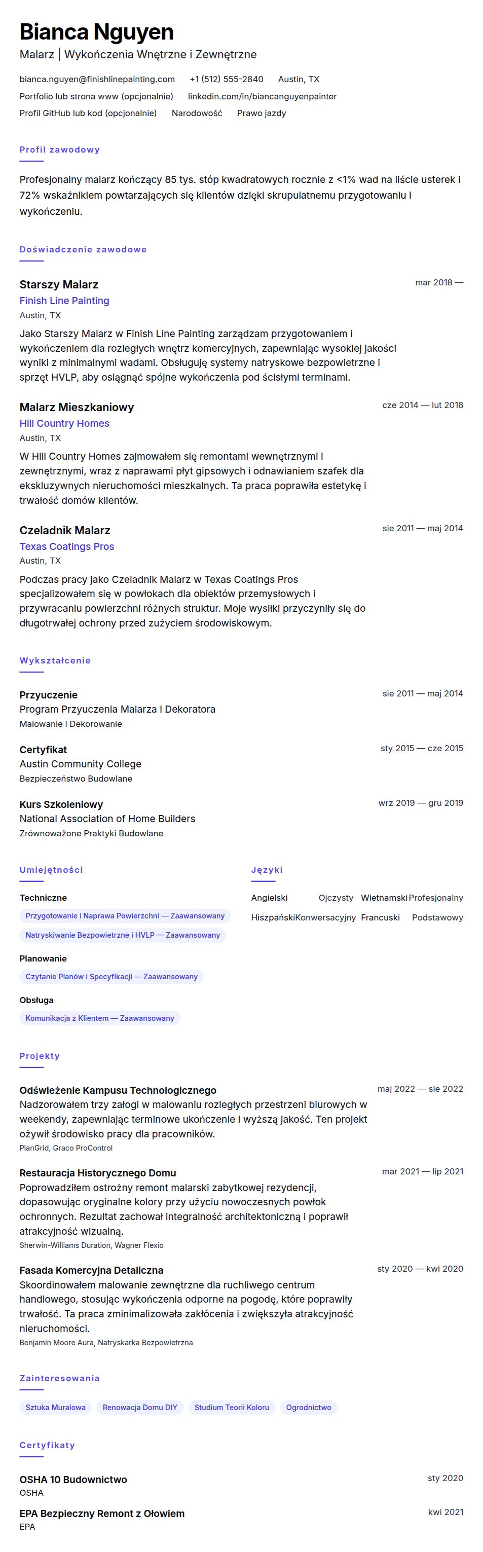 Podgląd CV Przykładowe CV Malarza