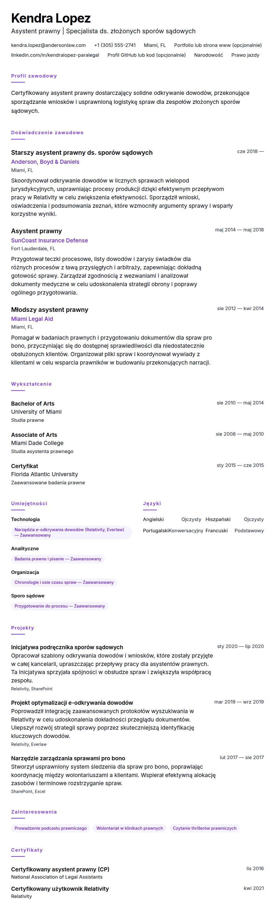 Przykładowe CV asystenta prawnego
