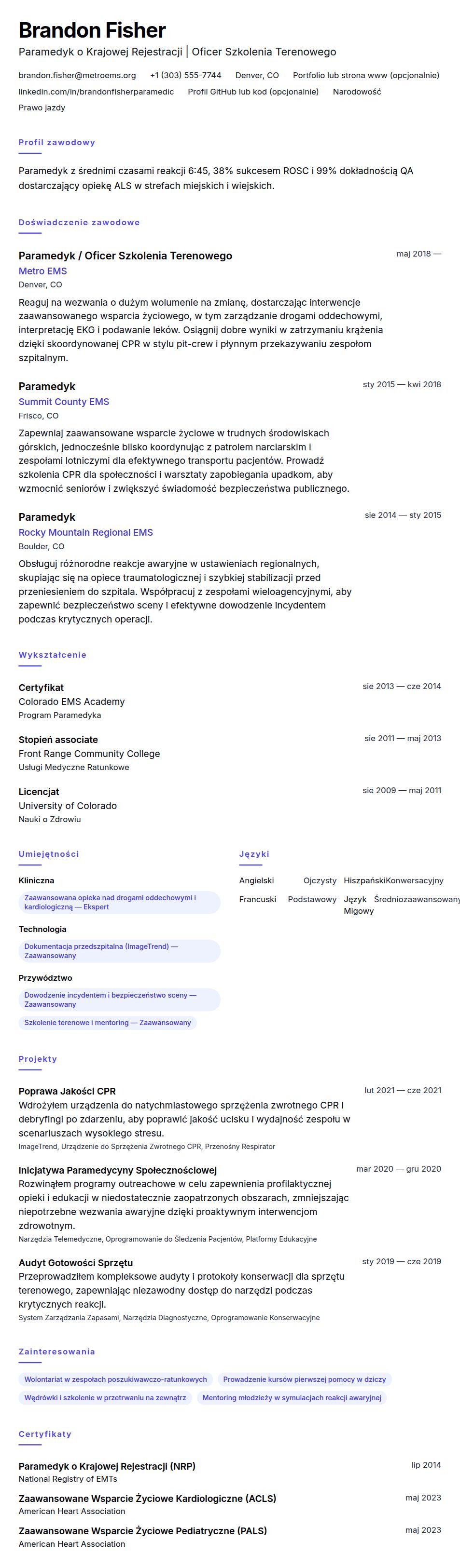Podgląd CV Przykładowe CV Paramedyka