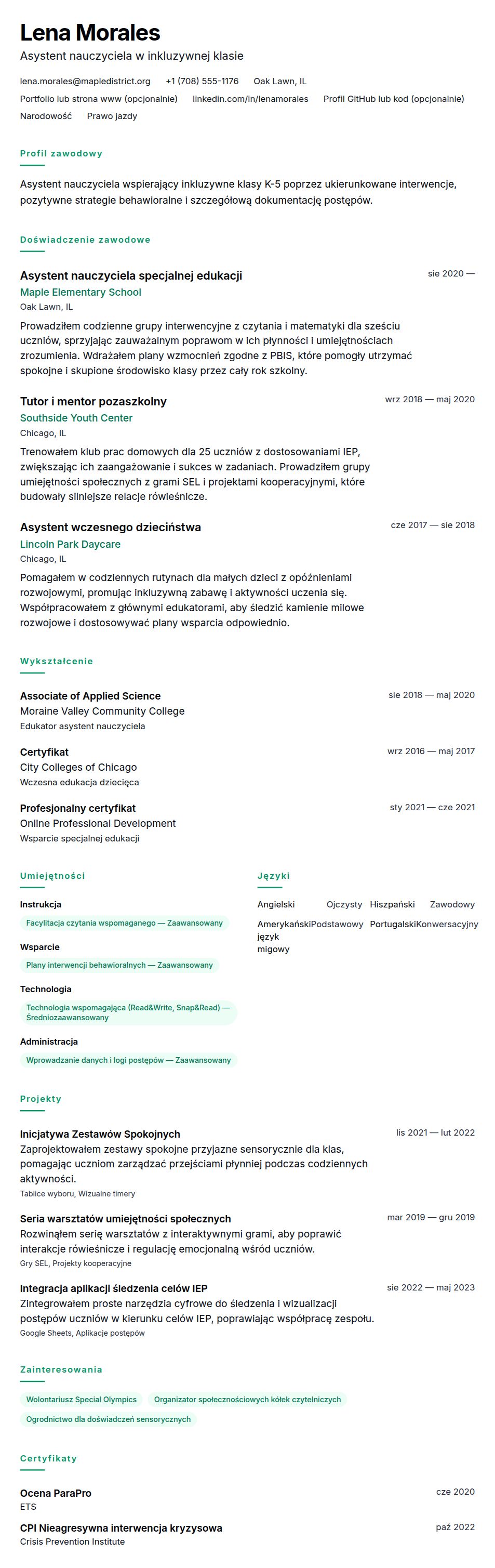 Podgląd CV Przykładowe CV asystenta nauczyciela