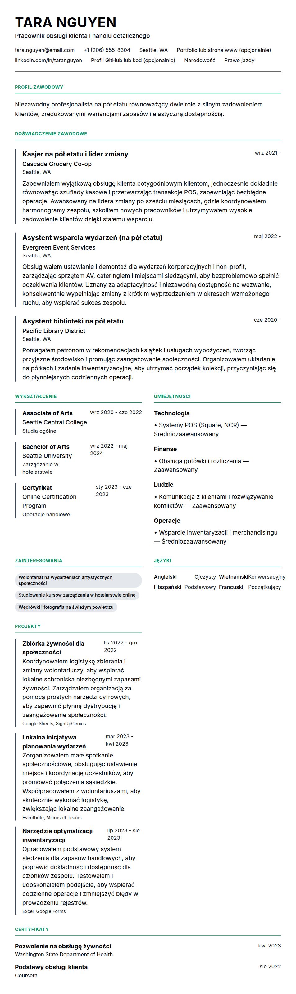 Podgląd CV Przykład CV dla pracy na pół etatu