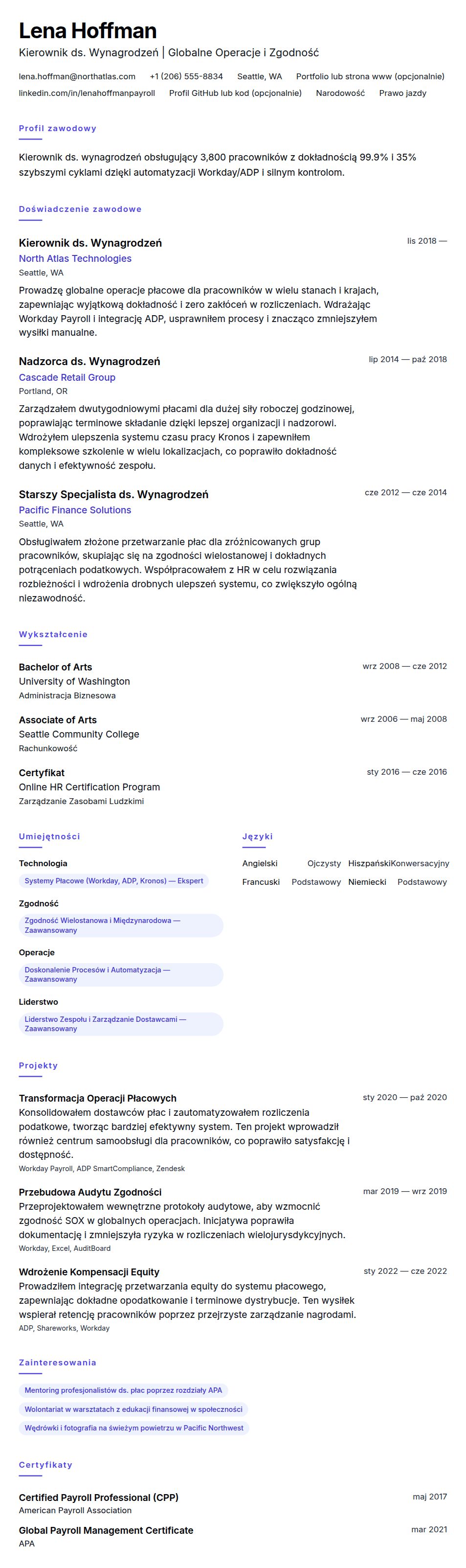 Podgląd CV Przykład CV Kierownika ds. Wynagrodzeń