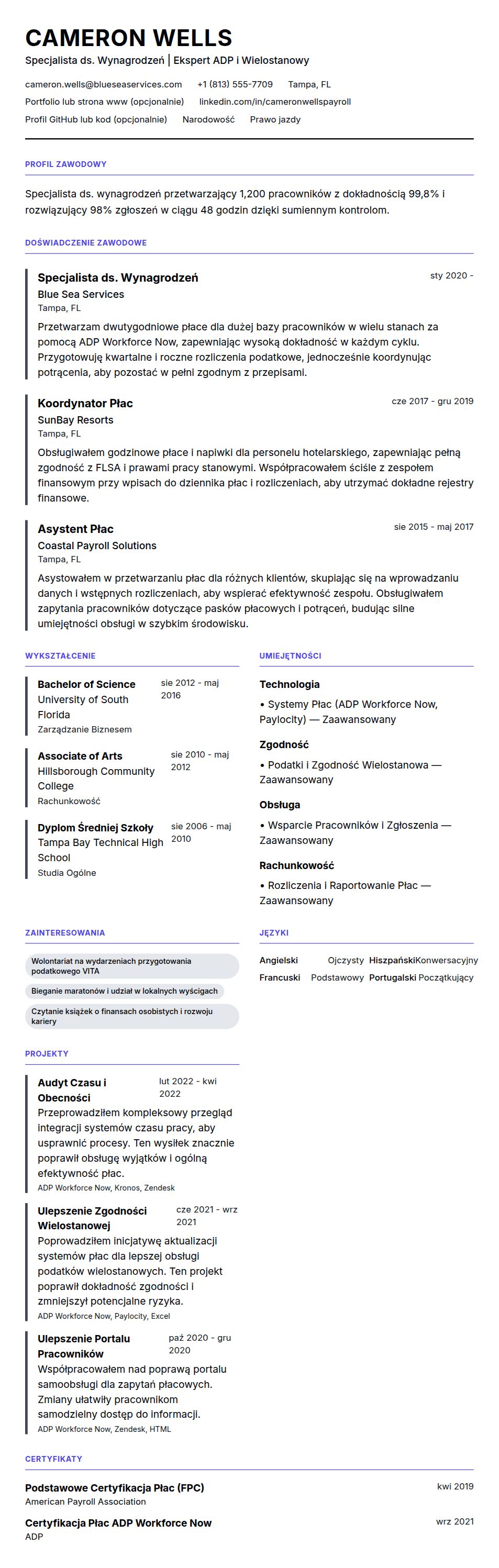 Podgląd CV Przykładowe CV Specjalisty ds. Wynagrodzeń