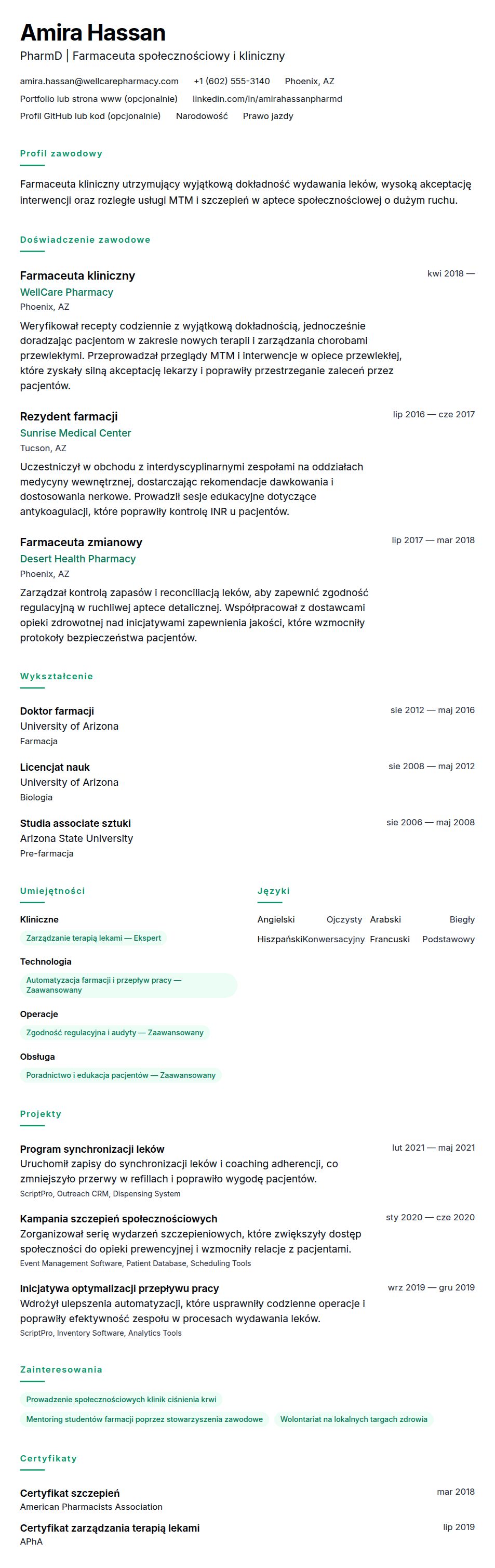 Podgląd CV Przykładowe CV Farmaceuty