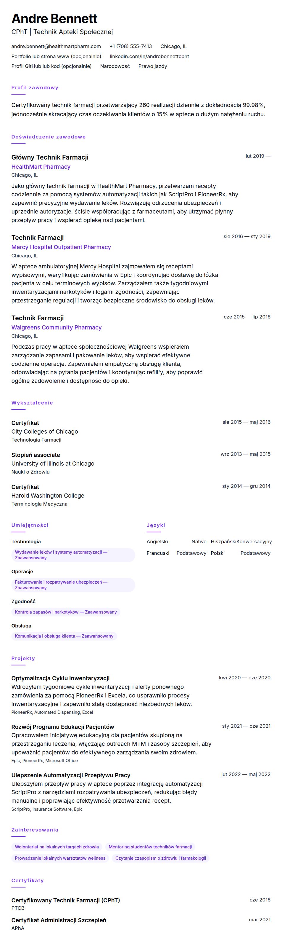 Podgląd CV Przykład CV Technika Farmacji