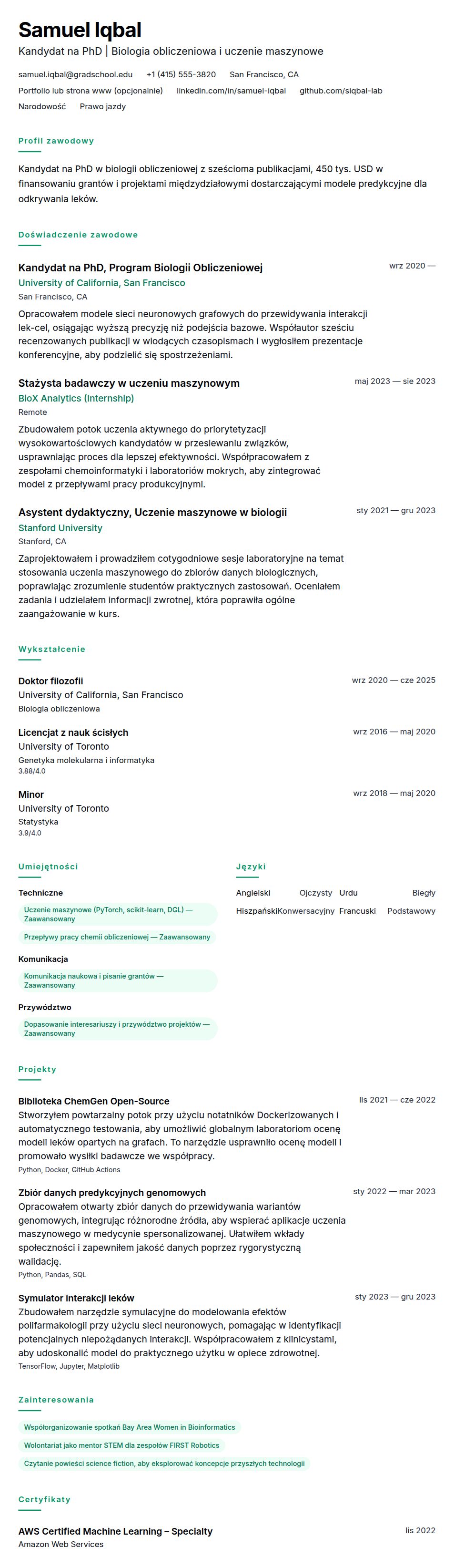Podgląd CV Przykładowe CV dla doktora