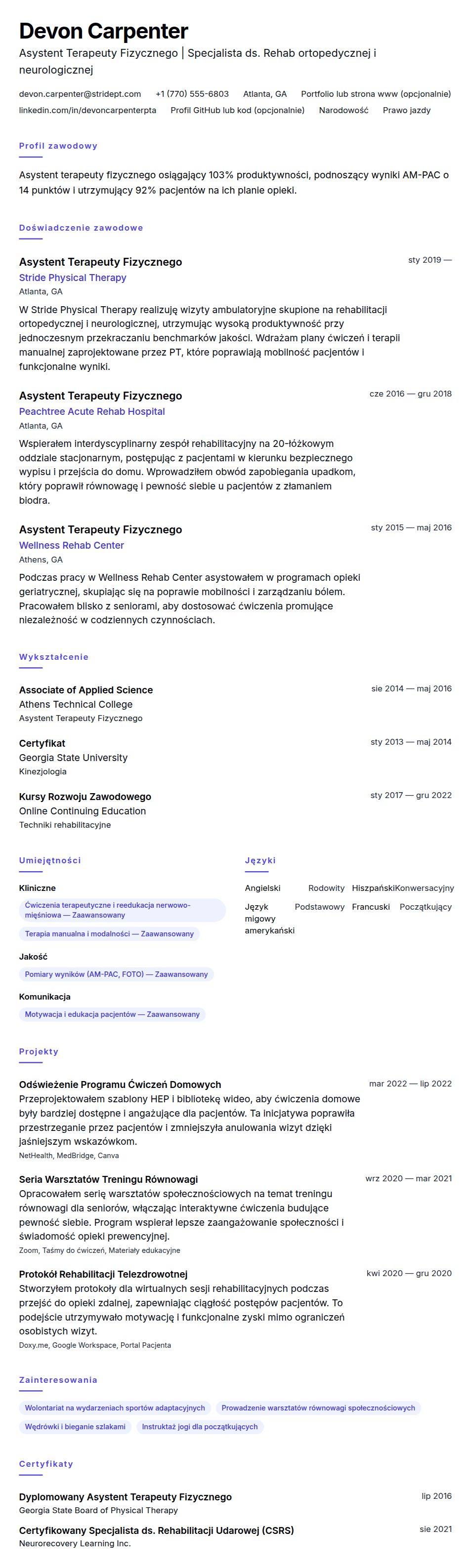 Podgląd CV Przykładowe CV Asystenta Terapeuty Fizycznego (PTA)