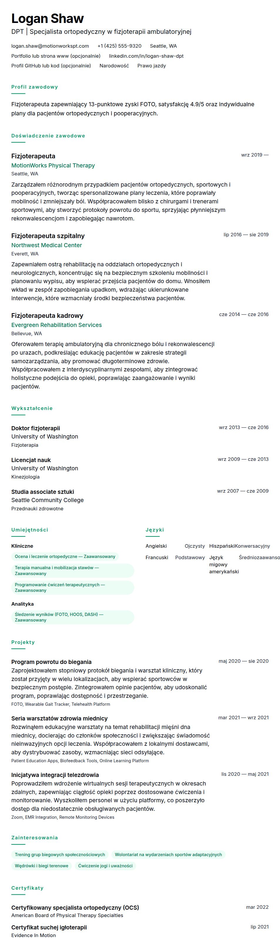 Podgląd CV Przykładowe CV fizjoterapeuty