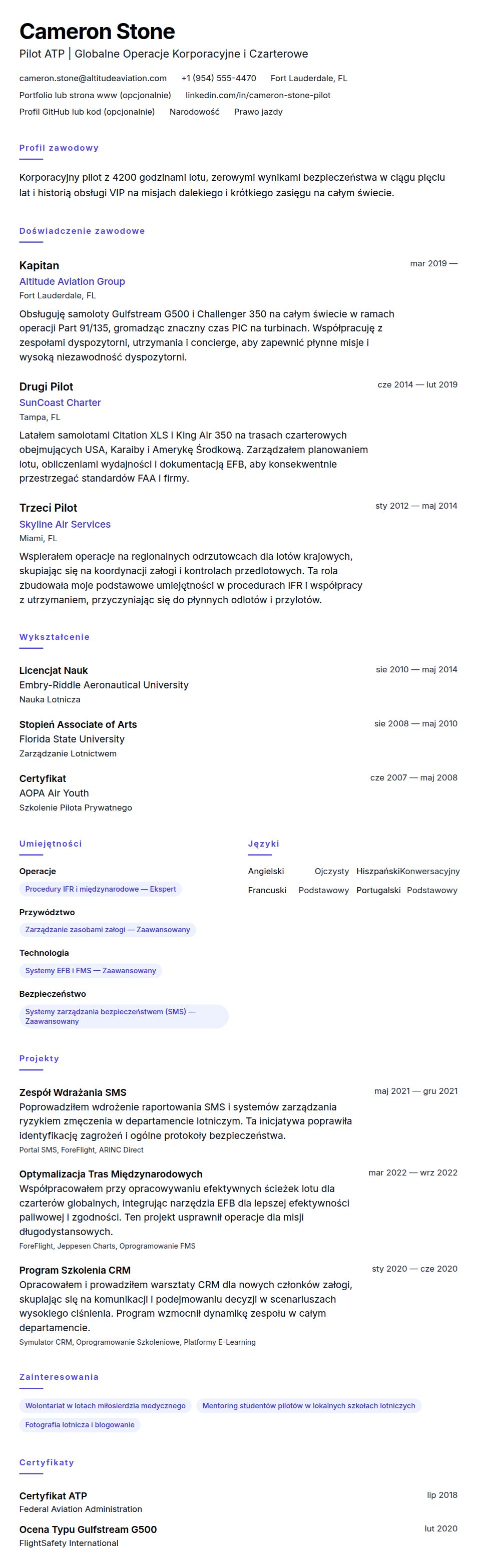 Podgląd CV Przykład CV Pilota