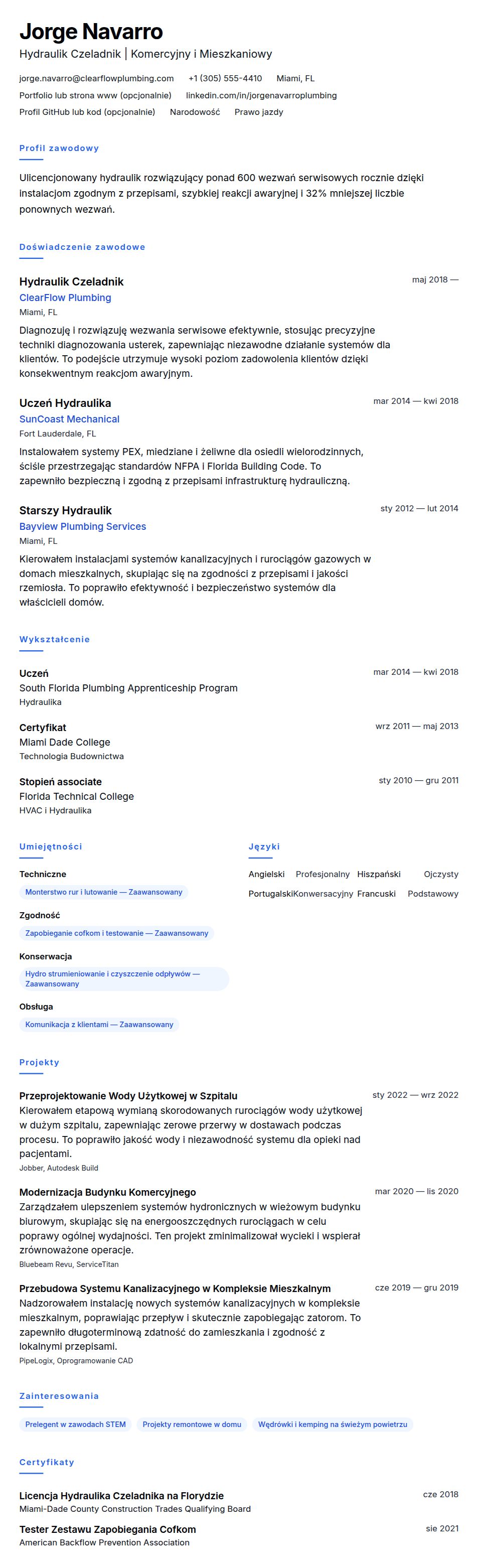 Podgląd CV Przykładowe CV Hydraulika