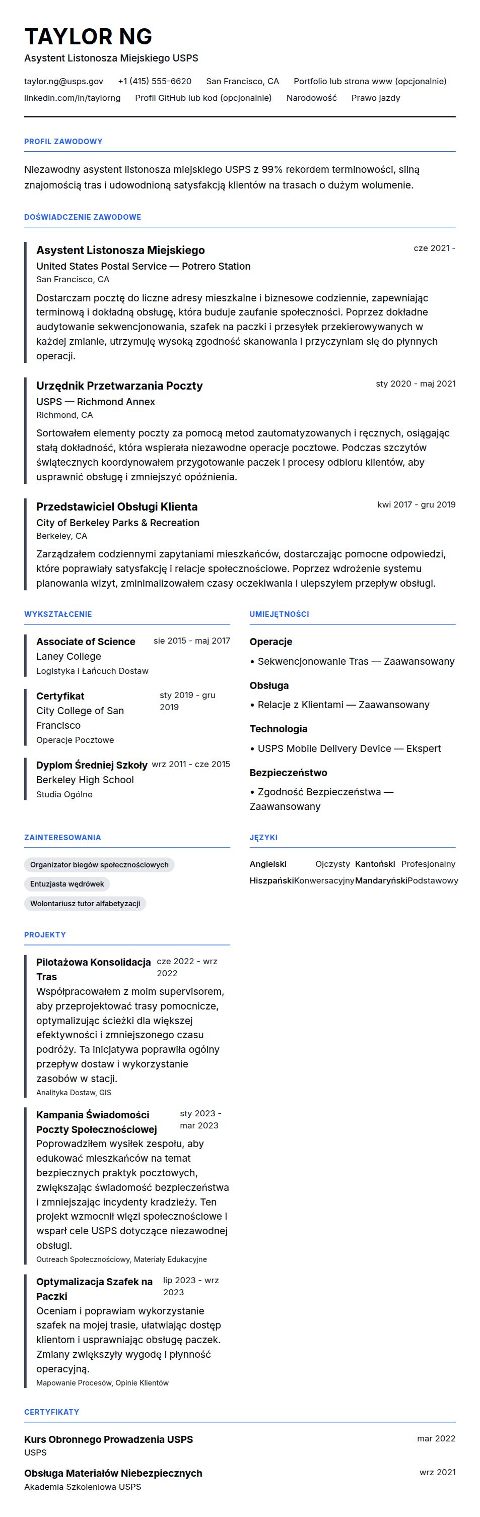 Przykład CV Pracownika Poczty